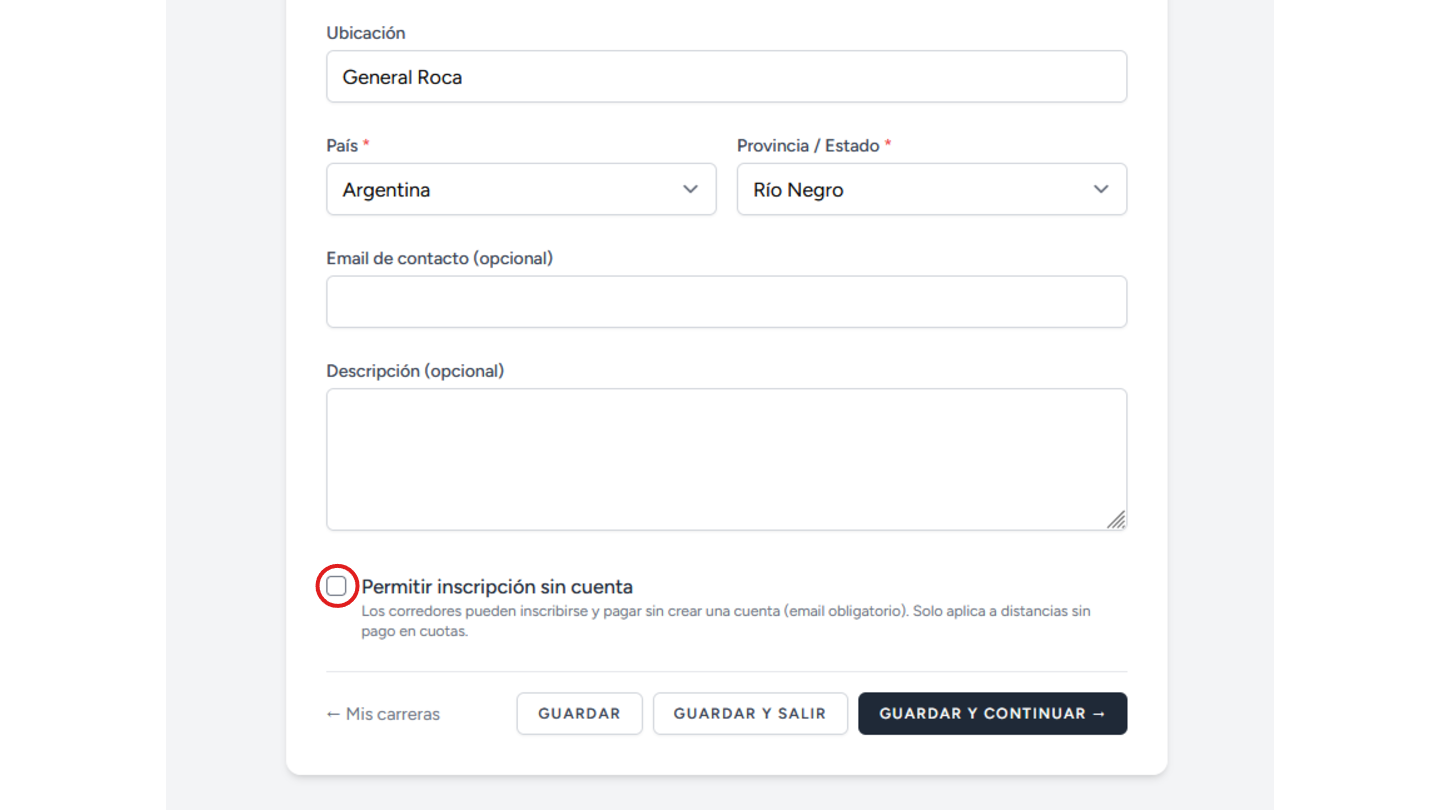 Paso Evento del armador con el checkbox Permitir inscripción sin cuenta señalado